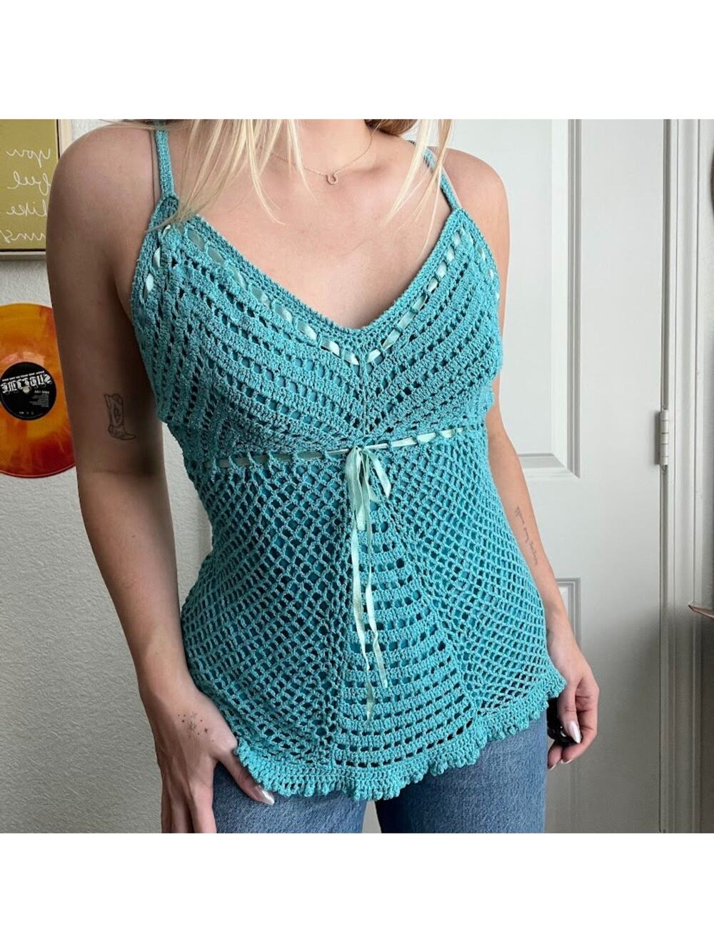 Y2K Blue Crochet Faded Glory Tie Cinch Tank Sz L